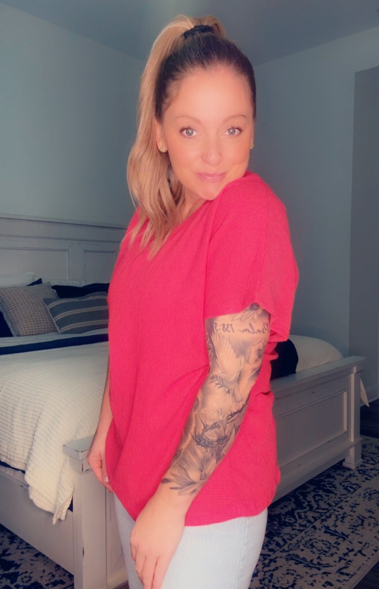 Vibrant Pink V Neck Blouse