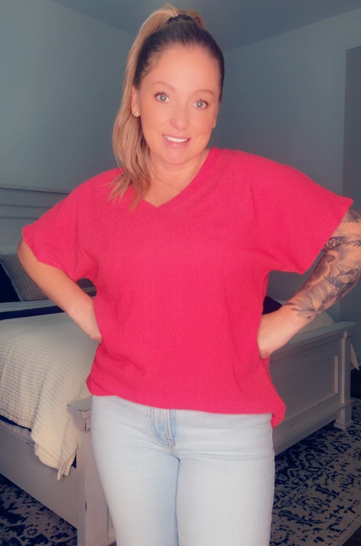 Vibrant Pink V Neck Blouse