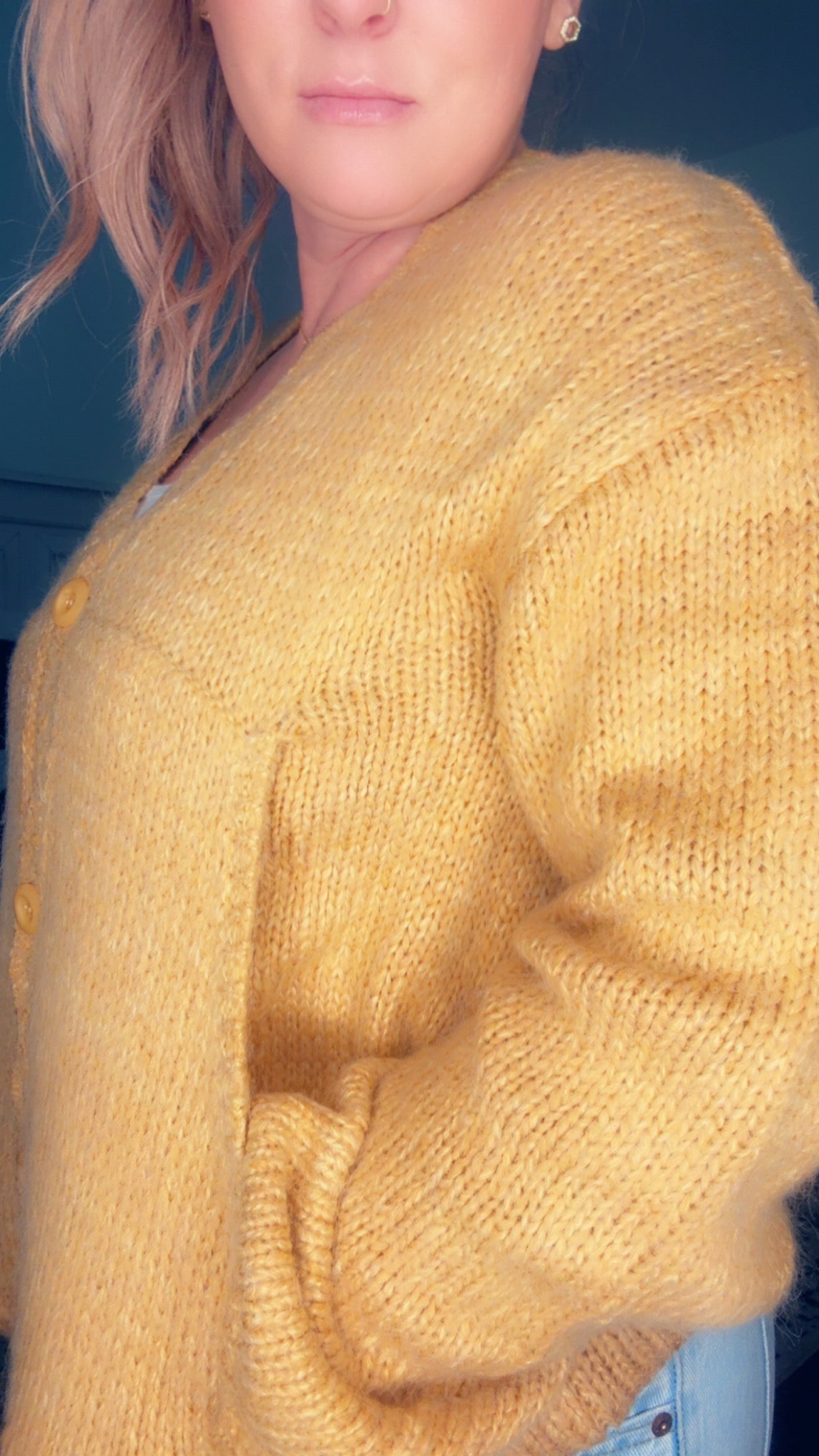 Lantern Sleeve Scallop Fit V Neck Buttoned Cardigan