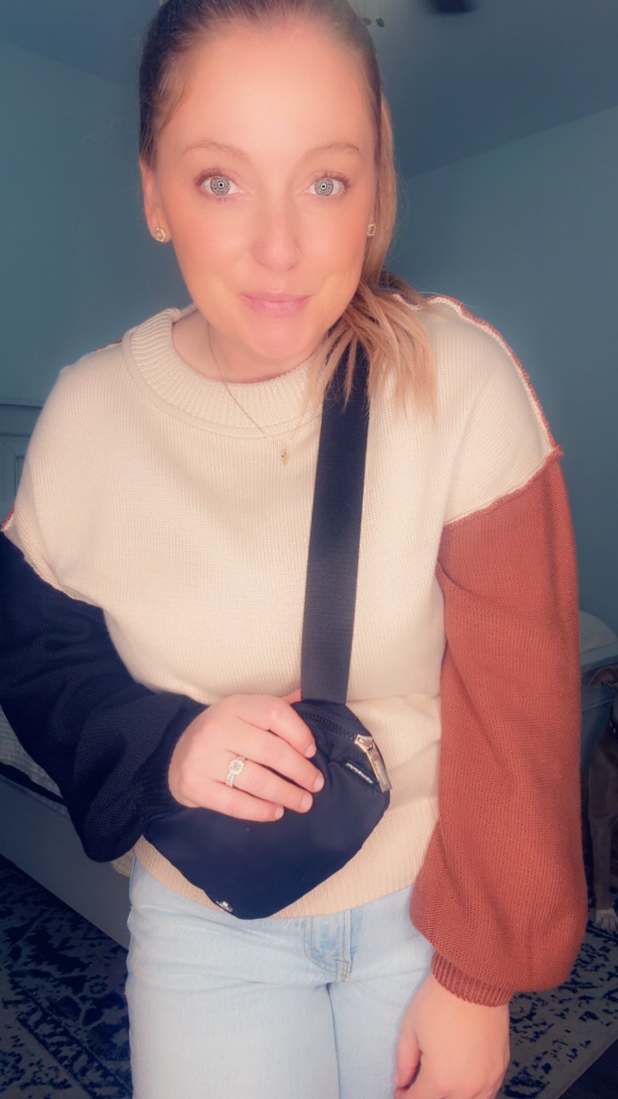 Colorblock Knit Bishop Sleeve Sweater