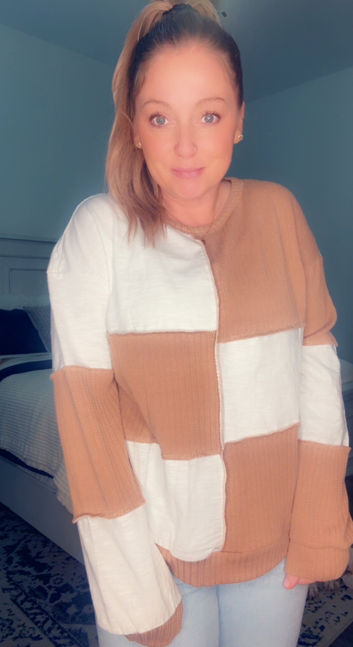 Colorblock Checkered Raw Seam Long Sleeve Top