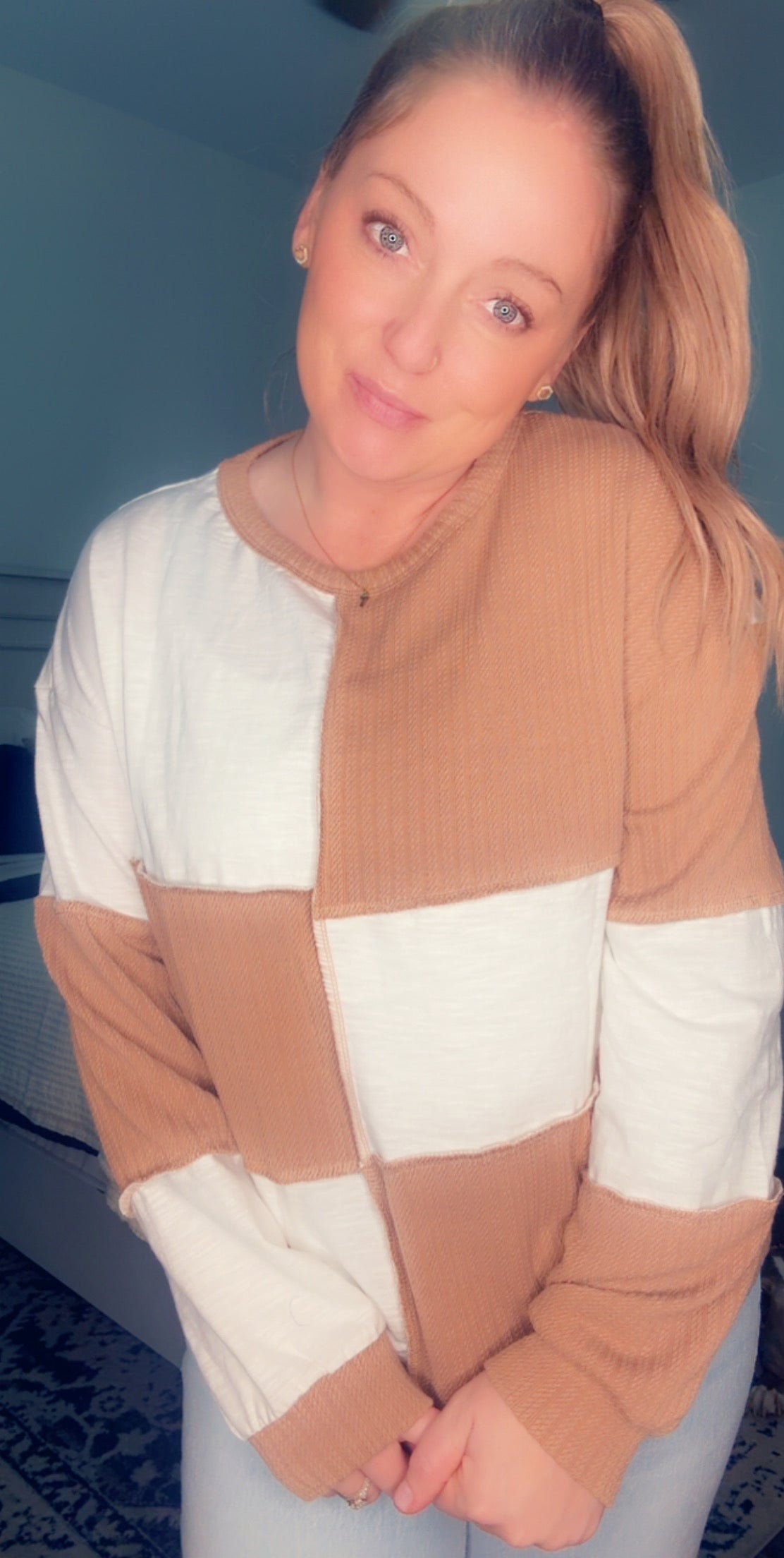 Colorblock Checkered Raw Seam Long Sleeve Top