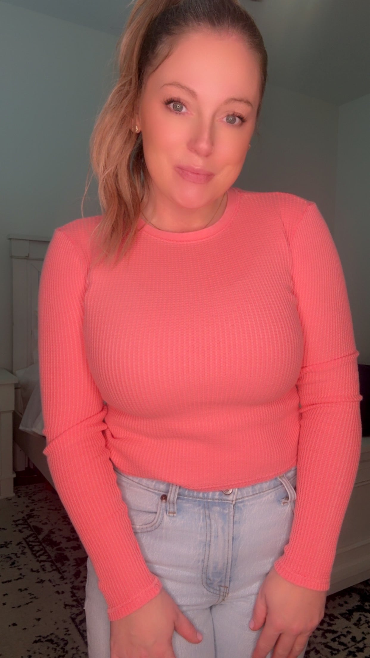 Mineral Wash Waffle Knit Long Sleeve Top