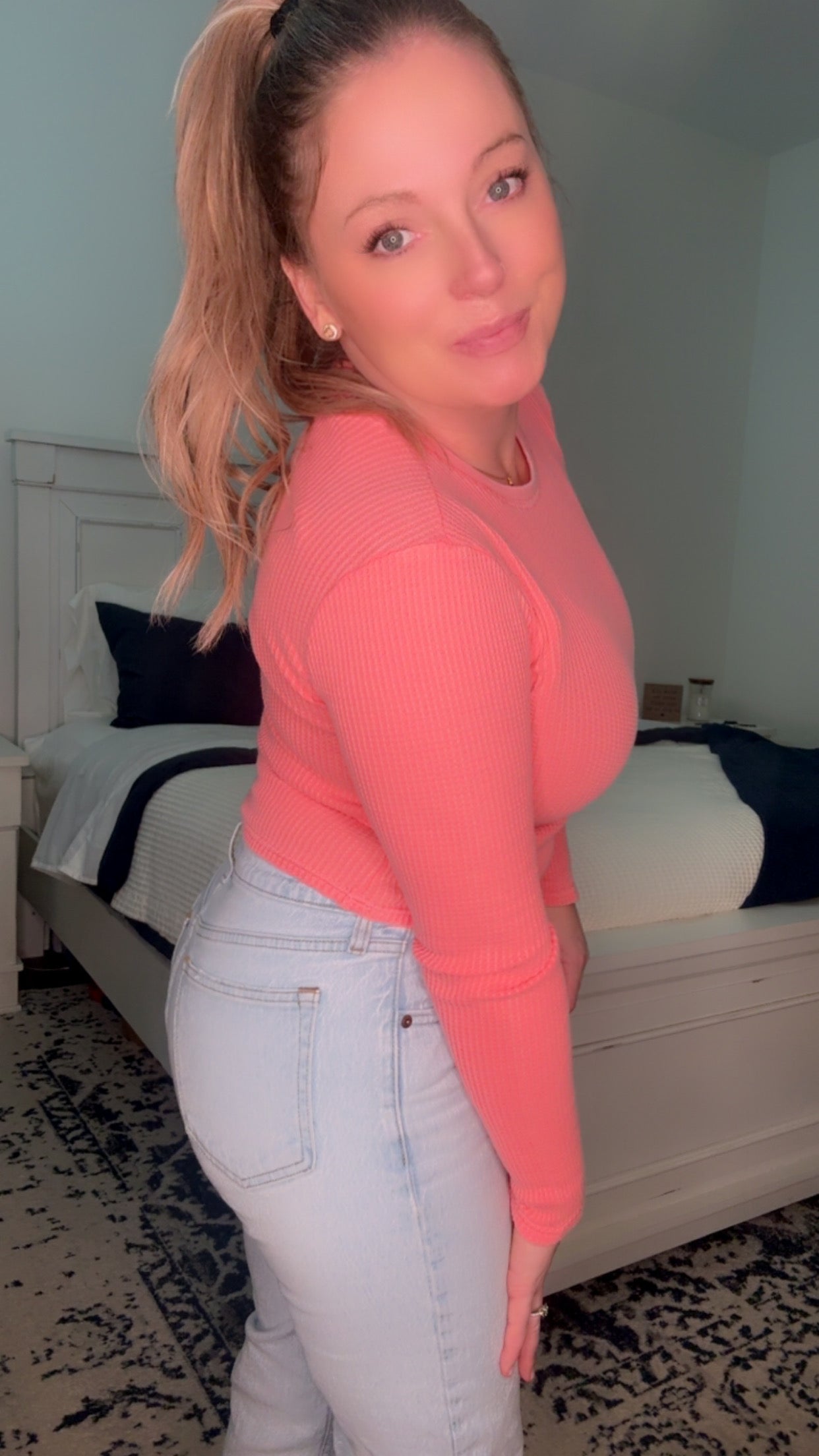 Mineral Wash Waffle Knit Long Sleeve Top