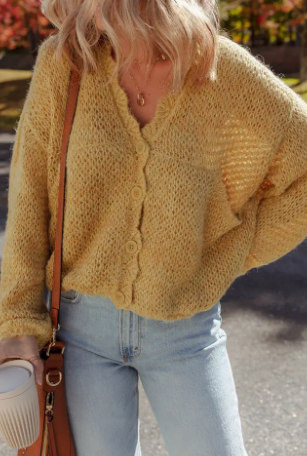 Lantern Sleeve Scallop Fit V Neck Buttoned Cardigan