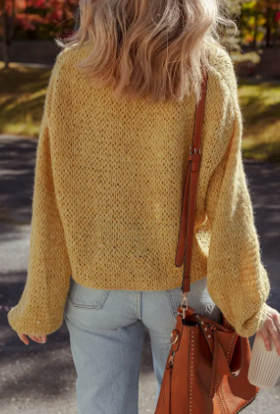 Lantern Sleeve Scallop Fit V Neck Buttoned Cardigan